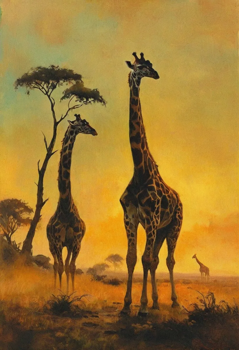 Two giraffes stand peacefully on a savanna with sparse trees, rendered in a dark fantasy style with bold ink outlines and watercolor textures, reminiscent of Frank Frazetta and World of Warcraft.