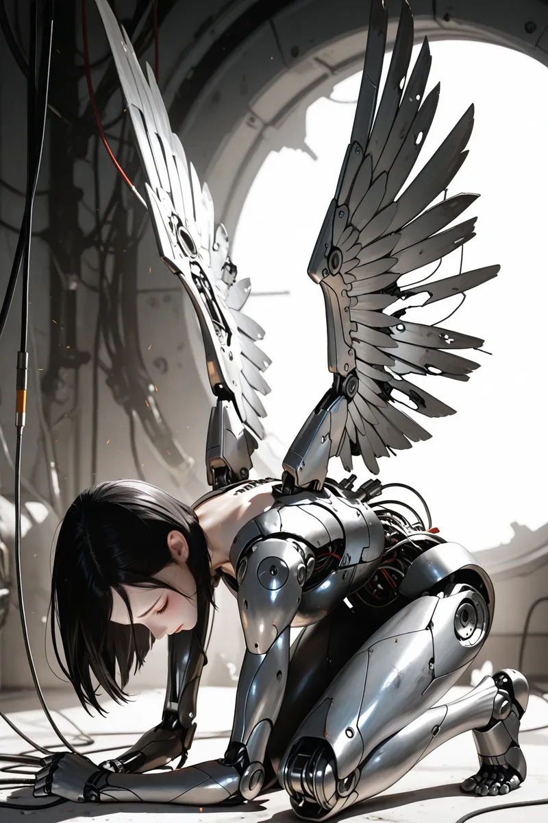 A kneeling cyborg with black hair and mechanical limbs, featuring large damaged robotic wings, in a high-tech industrial setting.