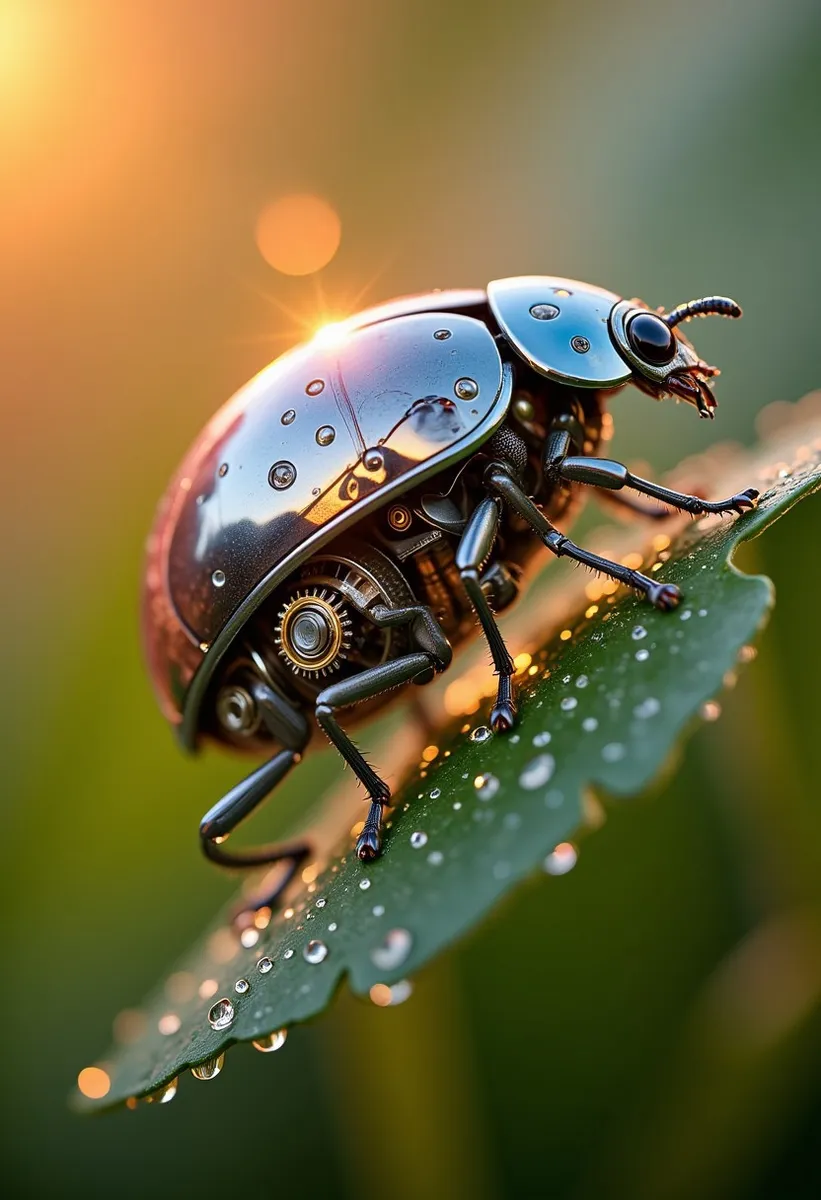 Close-up macro photo of a highly detailed mechanical ladybug on a dew-covered green leaf, illuminated by warm sunrise light reflecting off its polished chrome body and visible micro-gears.