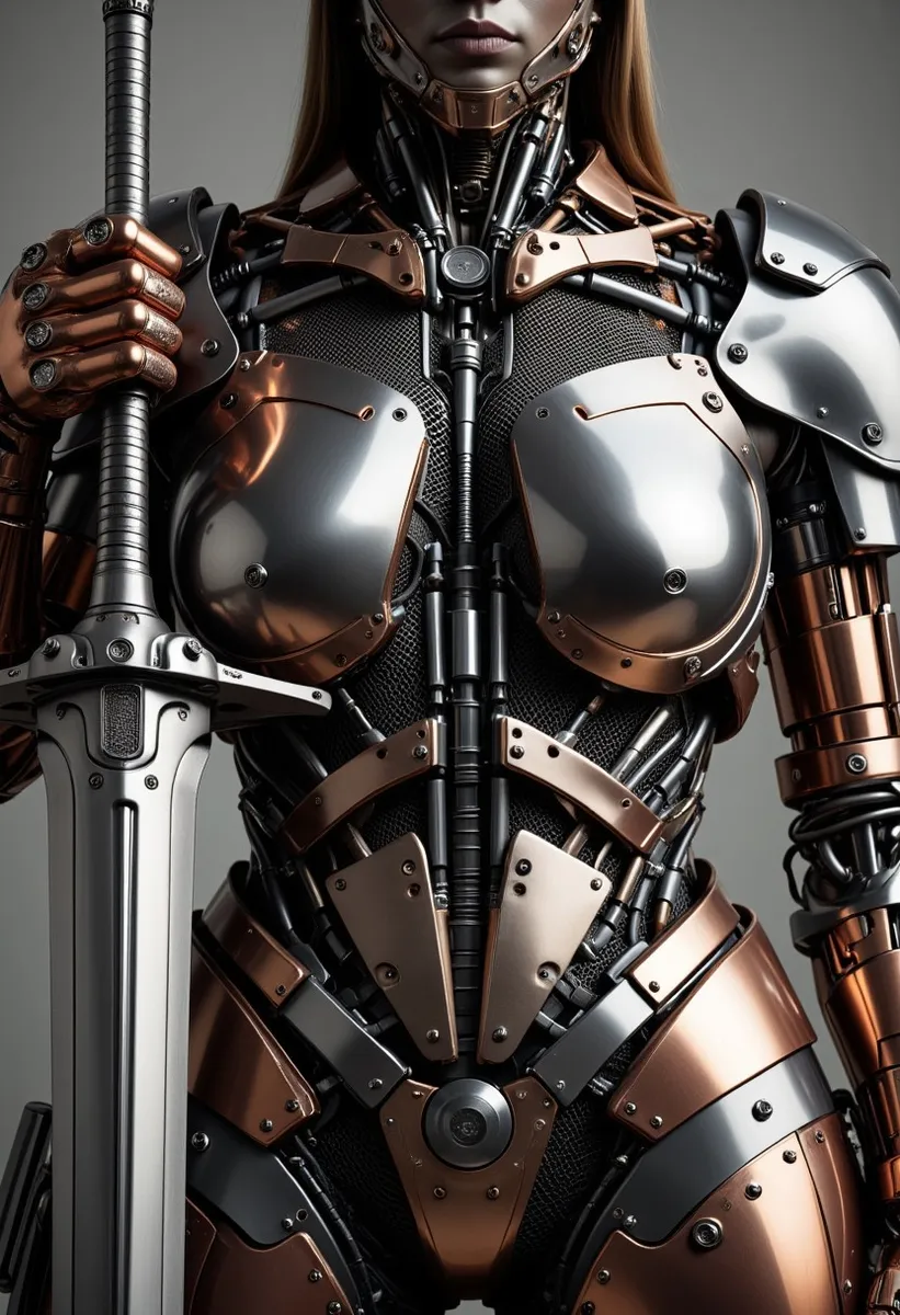 Close-up frontal view of a cybernetic knight clad in polished titanium and rose gold armor holding a giant sword, showcasing detailed mechanical design with intricate ribs and pauldrons.