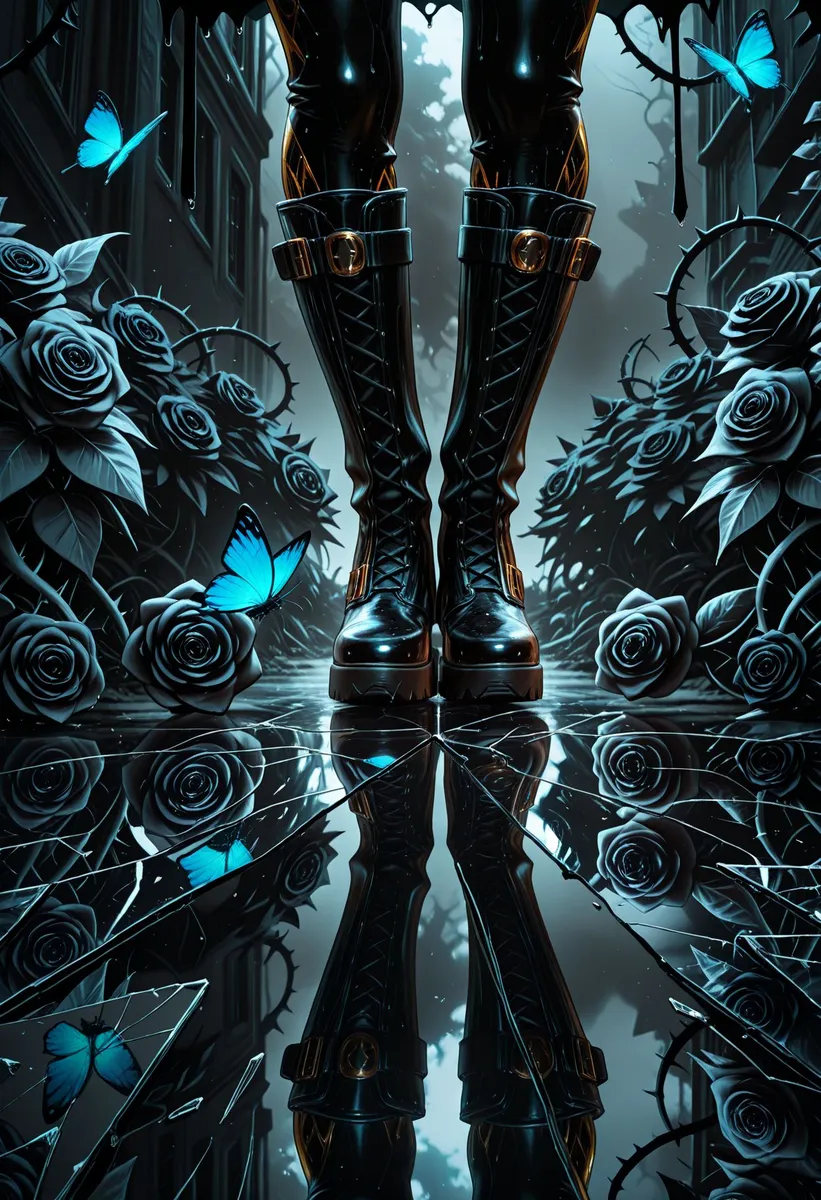 Black knee-high boots standing on shattered reflective glass surrounded by black roses and thorns with blue butterflies fluttering around in a dark gothic setting