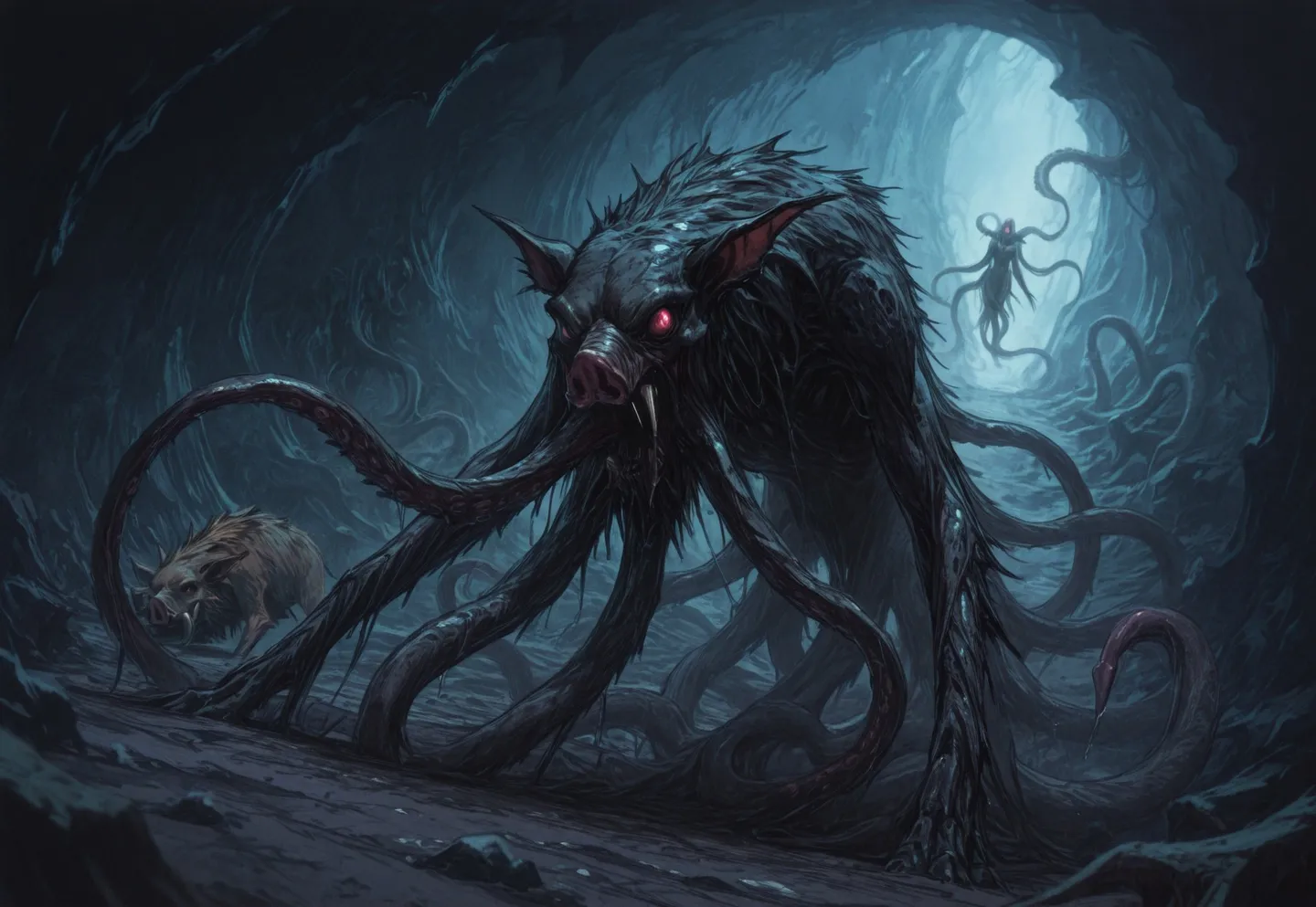 A large, dark eldritch horror resembling a tentacled boar with many long, slimy tentacles in a shadowy cave illuminated by blue light and purple runes.
