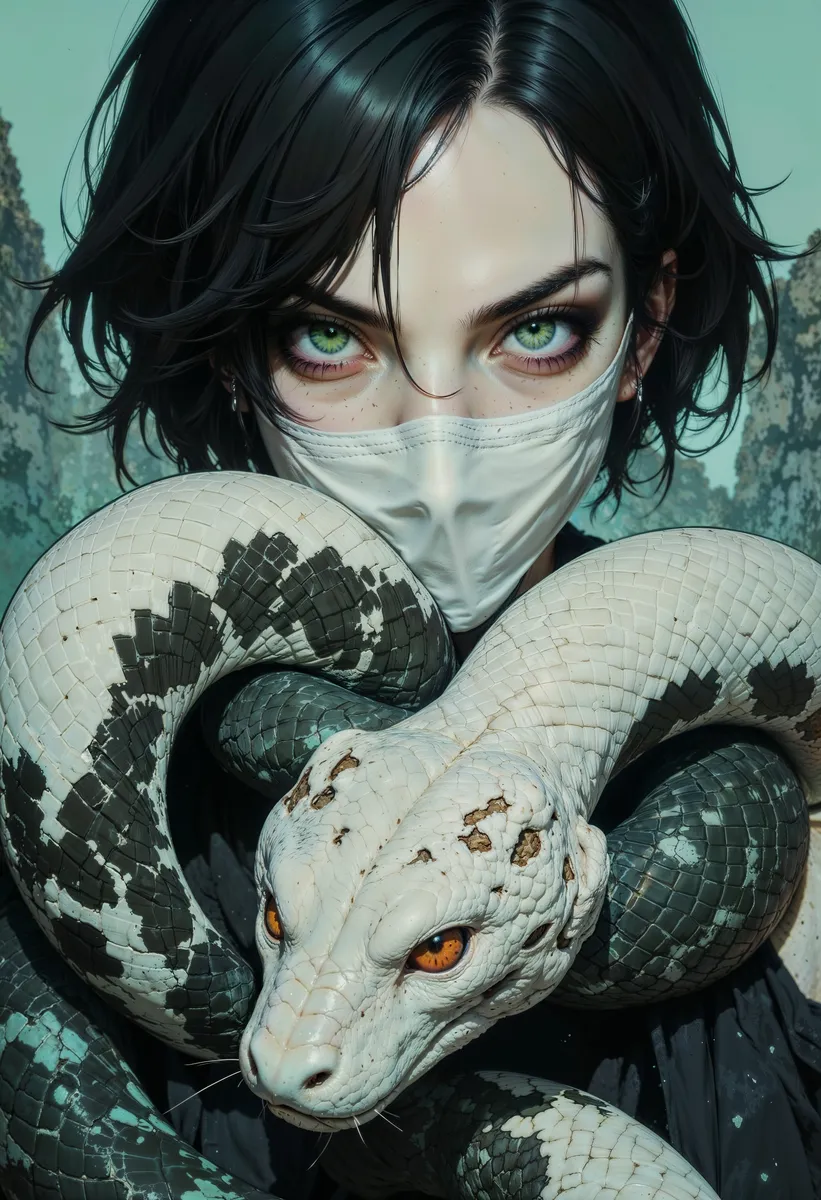 Close-up digital artwork of a character with intense green eyes wearing a white cloth mask, dark hair framing the face, and a large white and black snake with orange eyes coiled around the neck against a teal background.
