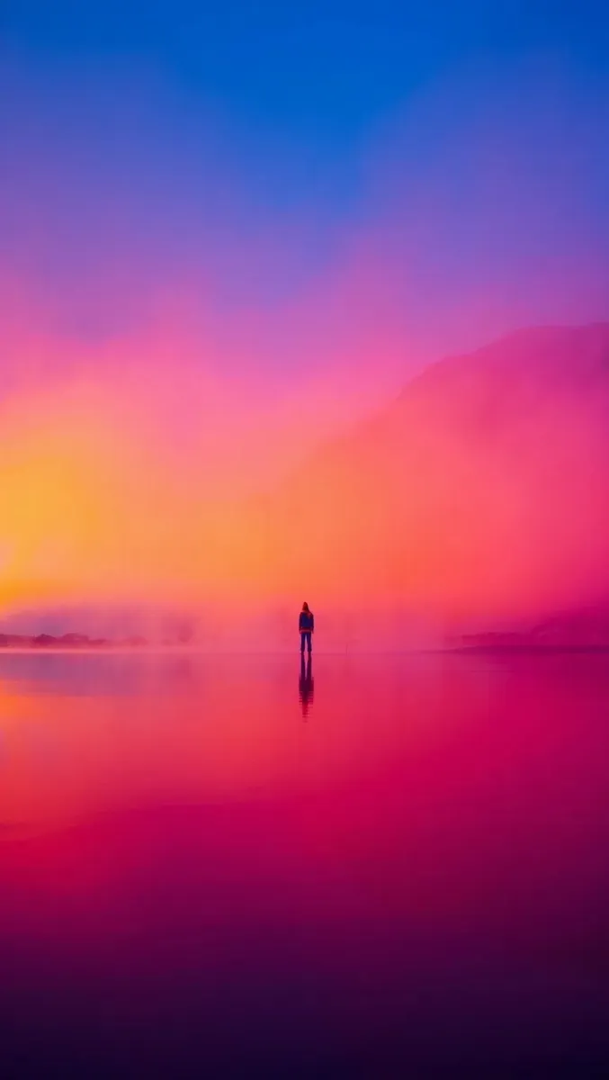 A solitary silhouette standing on a reflective surface at sunset, surrounded by vibrant pink, orange, and purple mist under a deep blue sky.