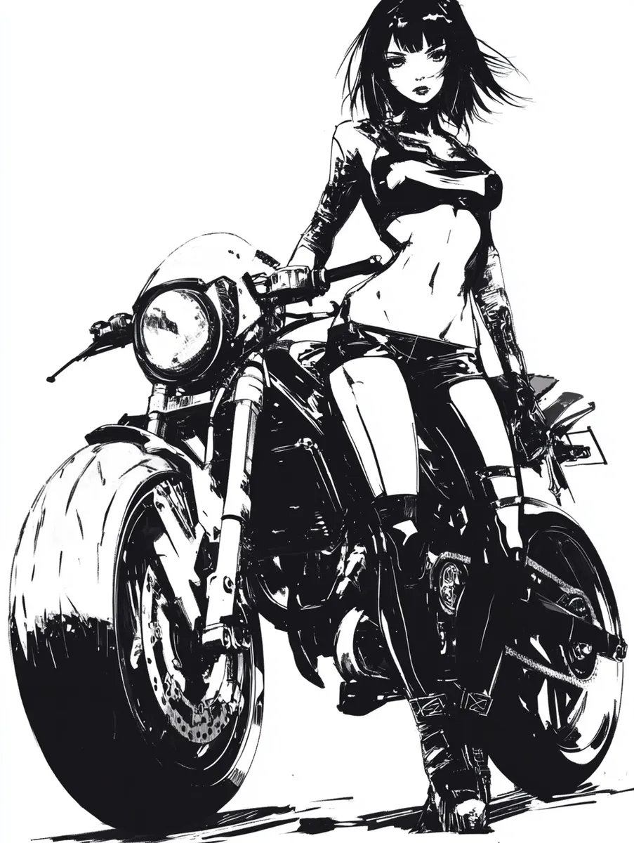 Black and white graphic of an anime girl standing beside a detailed cyberpunk-style motorcycle, designed as a bold logo.
