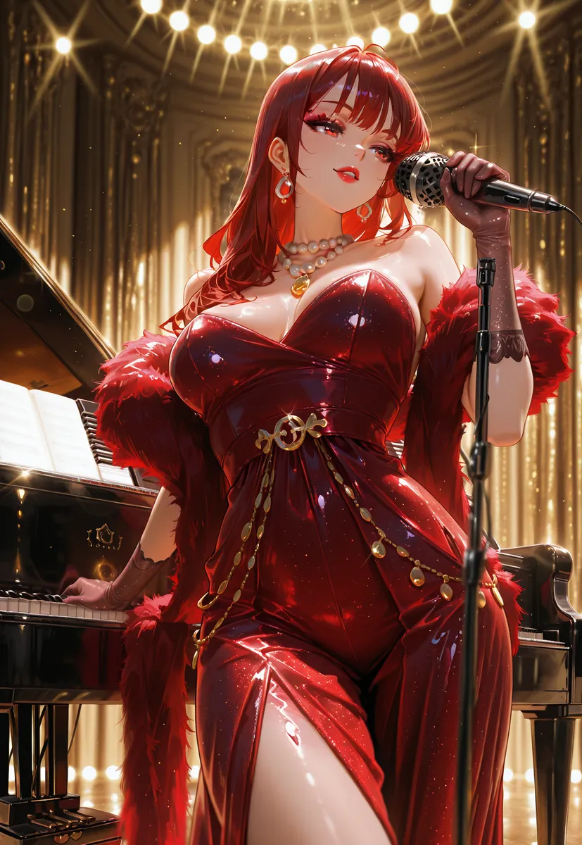 Woman in a deep red sequin dress with high slit and sheer gloves holding a vintage microphone, standing by a grand piano on a spotlighted stage with golden curtains and luxurious ambiance.