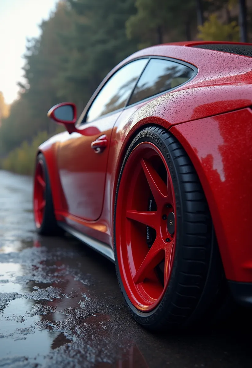 Photo-realistic image of a polished sporty car with bright red wheels, water droplets on its red body, parked on a wet road with soft natural lighting and forest background.