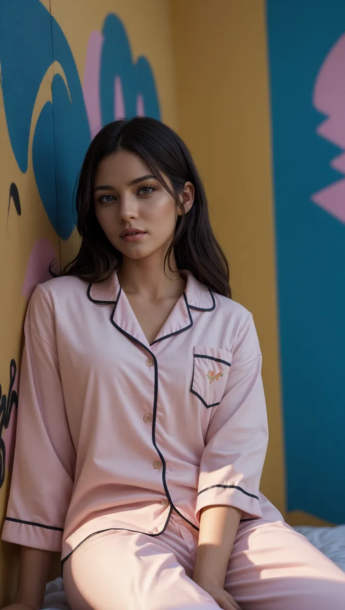Photorealistic portrait of a woman in pink pajamas sitting against a graffiti-covered yellow and blue bedroom wall with cinematic lighting.