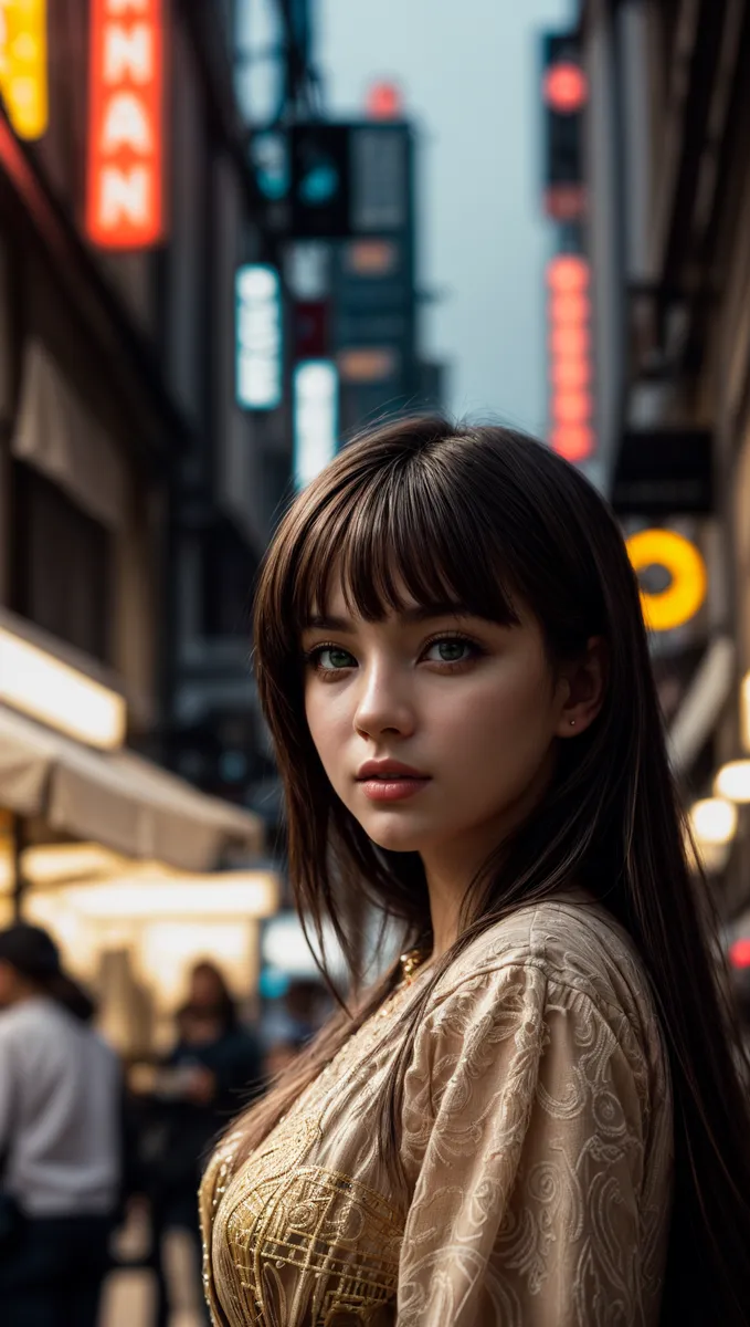 Close-up portrait of a realistic young woman with green eyes and detailed clothing, set against a softly focused bustling city street background with neon signs.