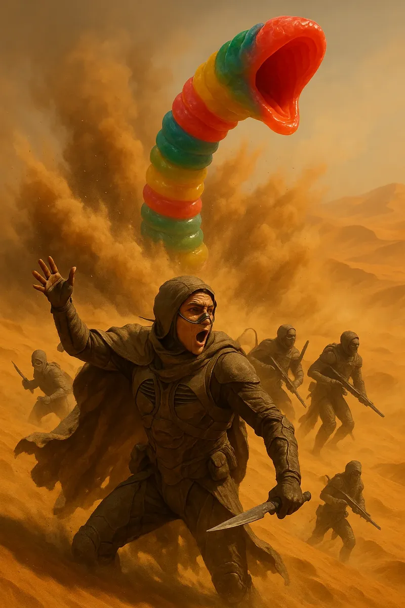 Fremen warriors in stillsuits confront a colossal, multicolored gummy worm bursting from the desert sands of Arrakis amid a powerful dust storm.