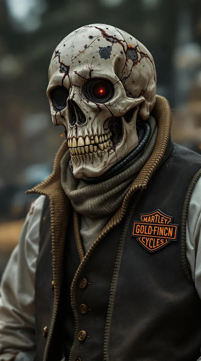 A cracked skull with a glowing red cybernetic eye wearing a brown tweed and black vest with a patch that reads 'Goldfinch Cycles' in an outdoor blurred background.