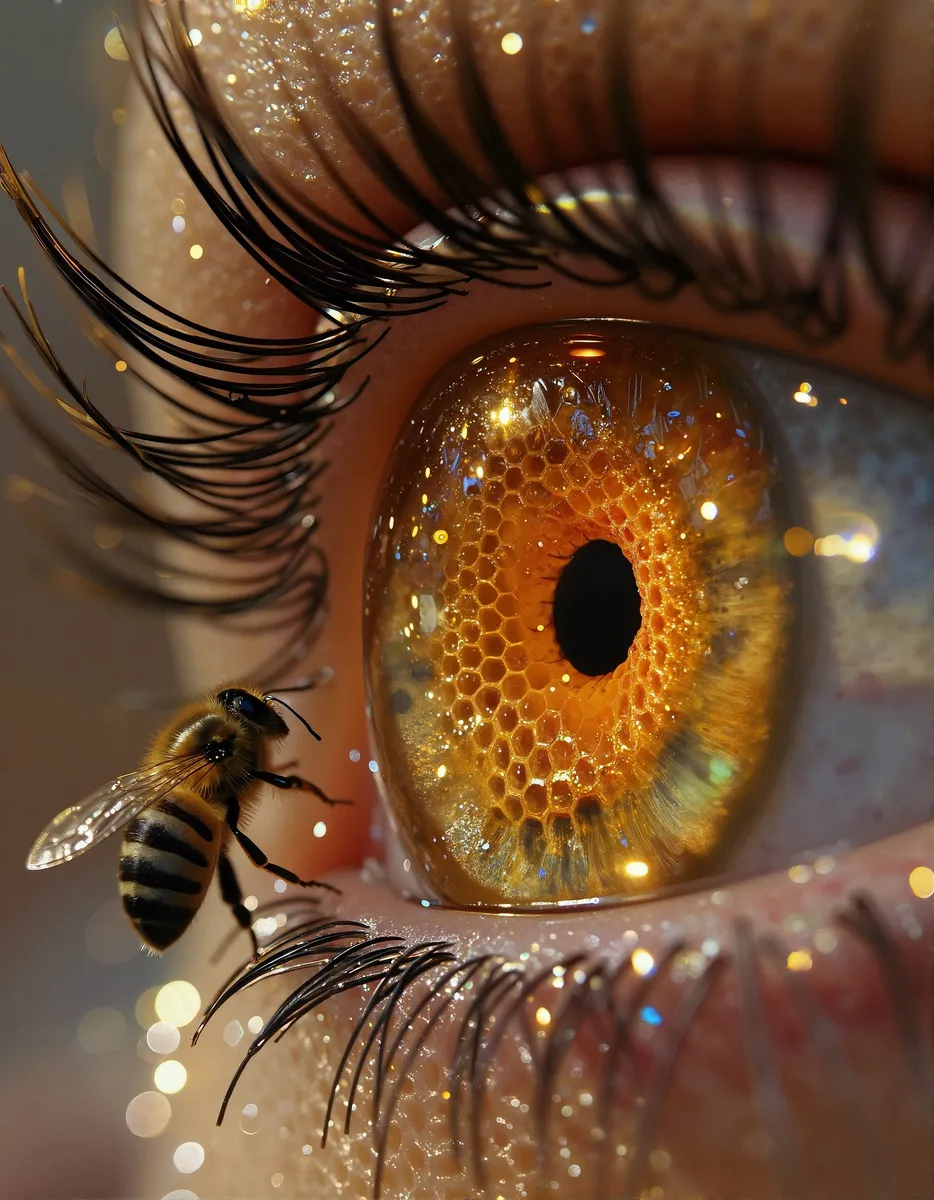 Close-up macro shot of a human eye featuring a honeycomb pattern in the iris with a realistic honeybee perched on the lower eyelid, glowing with golden light.
