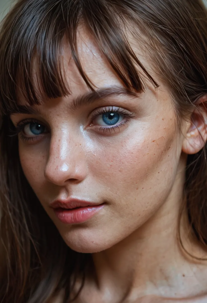 Close up portrait of a young woman with natural photorealistic skin, large blue eyes, and blunt bangs.