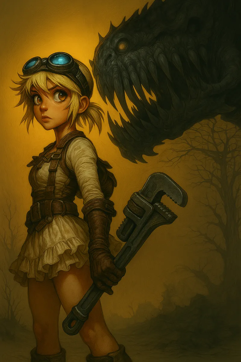 Post-apocalyptic dieselpunk heroine with short blonde hair and aviator goggles holds a large wrench weapon, standing before a looming biomechanical dragon in golden twilight.