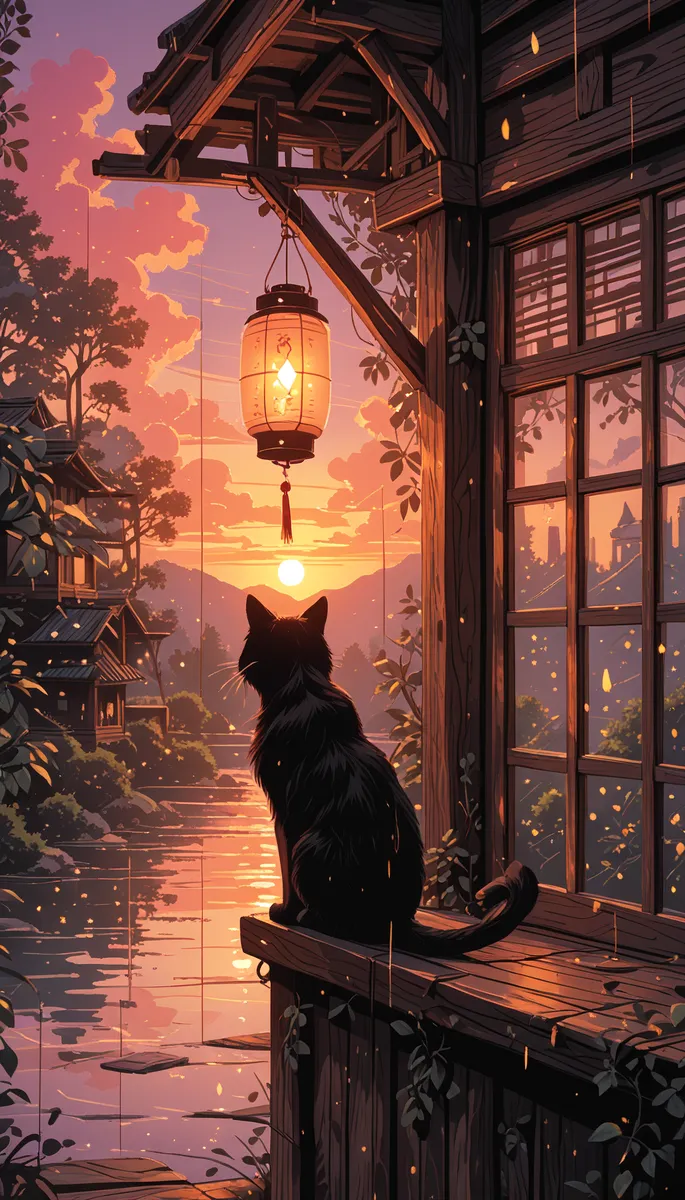 A black cat sits on a wooden porch of a Japanese-style house, gazing at the glowing lantern and vibrant sunset over a peaceful garden and river landscape.