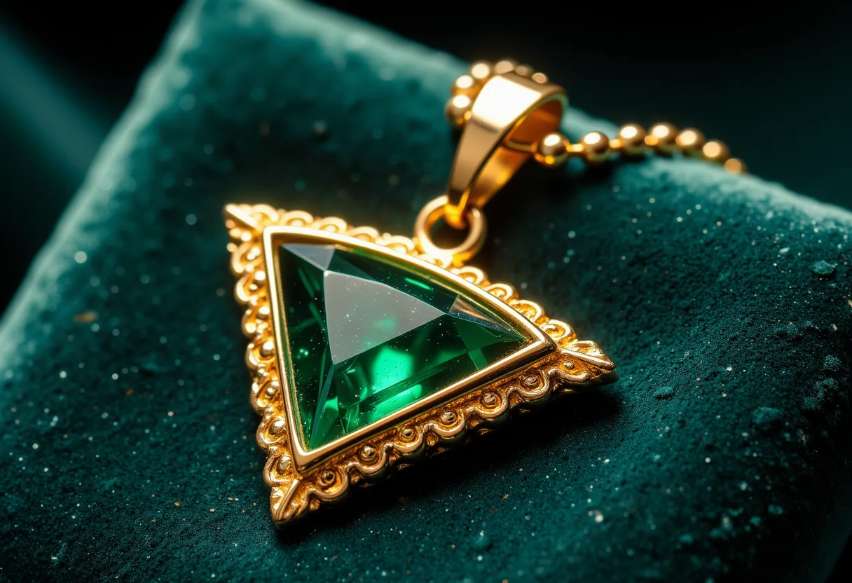 Close-up of a triangular emerald amulet with an ornate gold frame, resting on a dark green velvet background with a gold chain loop attached.