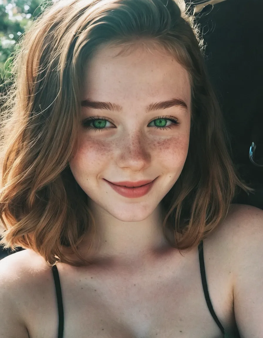 Close-up Instagram-style photo of a smiling 18-year-old European girl with striking green eyes, freckles, pale skin, and loose brown hair, lit with hard shadows.