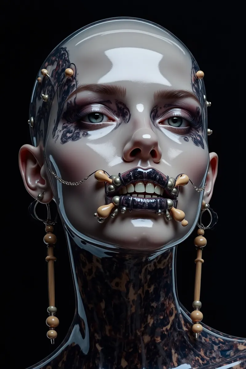 Highly detailed translucent style portrait of a woman with dark intricate face paint and a wooden and metal teeth ornament, piercing eyes, and smooth reflective skin on a dark background.