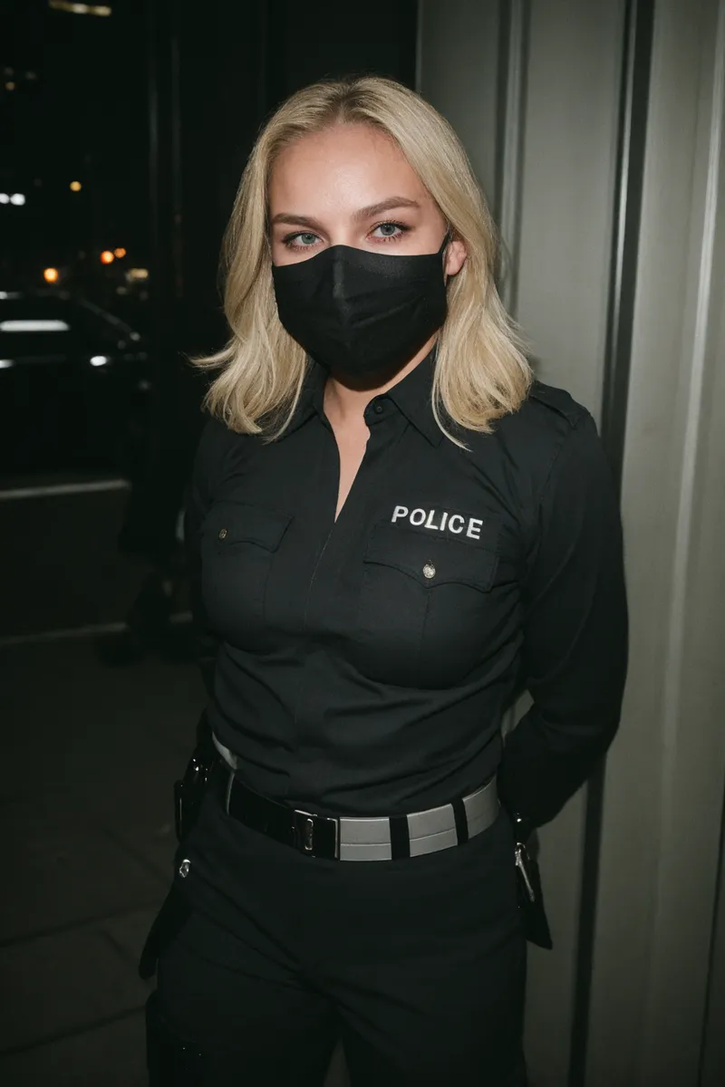 Blond female police officer wearing a black uniform and black facemask standing in a dimly lit New York street at night.
