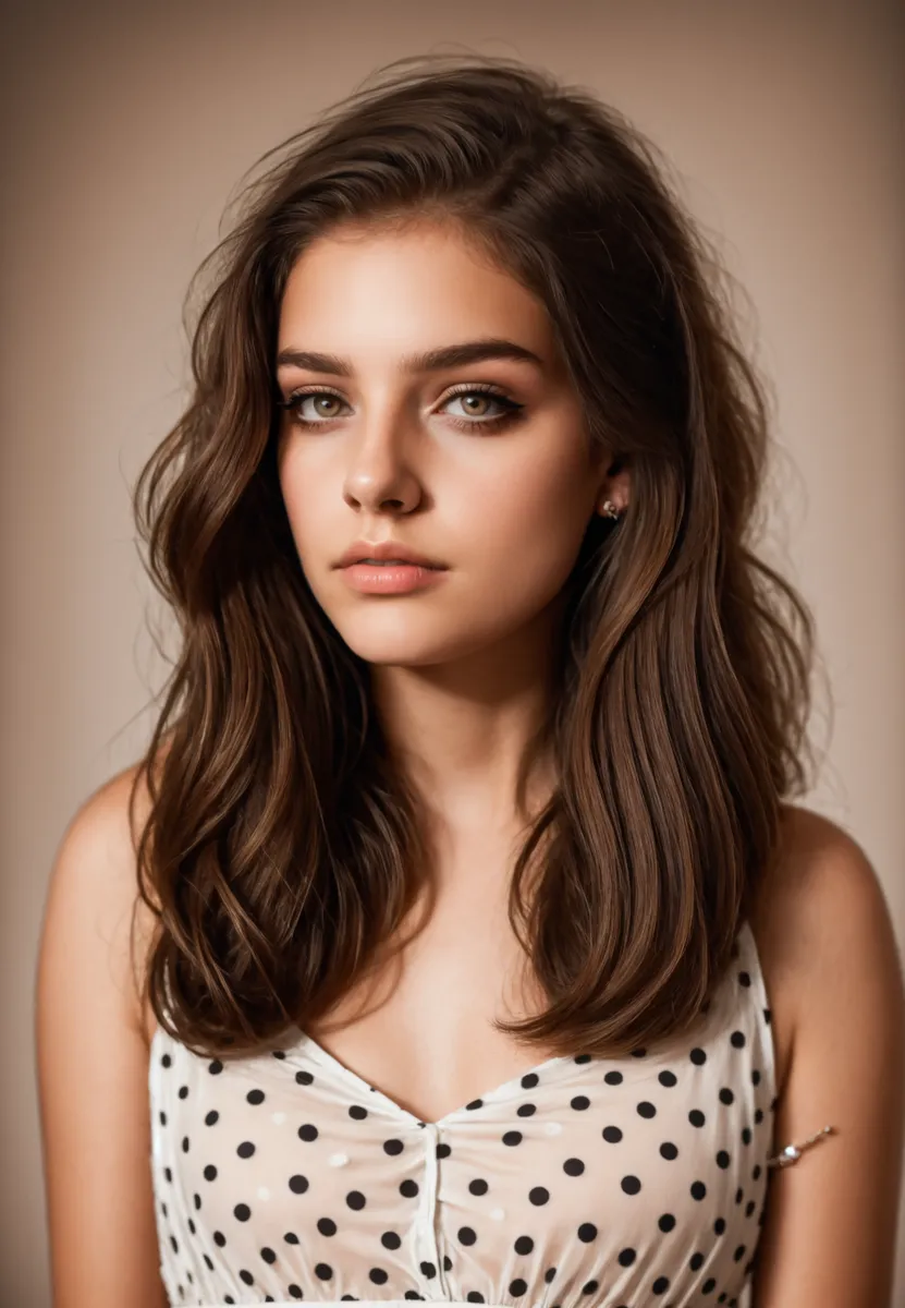 Portrait of a girl with brown curly hair and brown eyes, wearing a white polka dot dress and a necklace, lit with cinematic studio lighting.