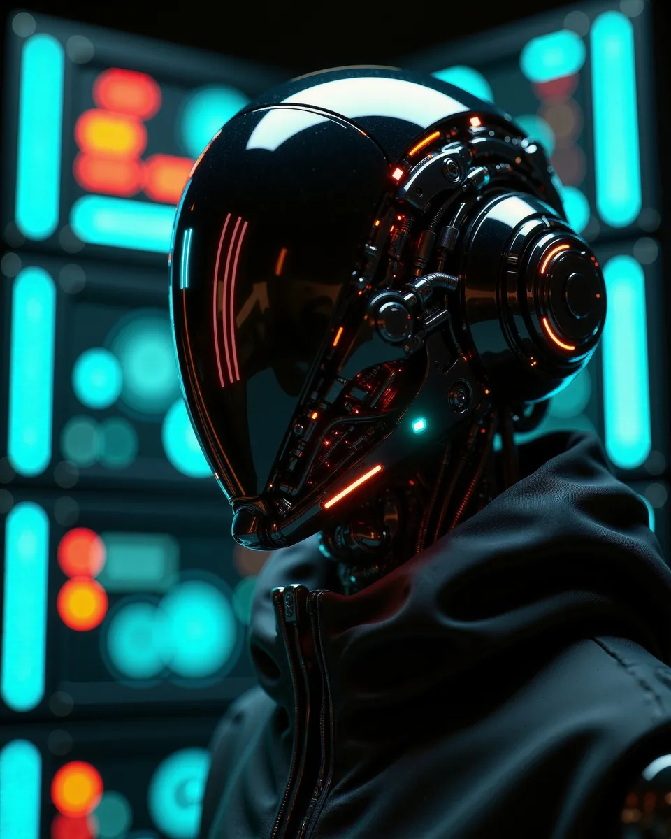 Cyberpunk faceless android humanoid wearing a shiny reflective glass mask with intricate mechanical high-tech components, set in a neon-lit hacker room.