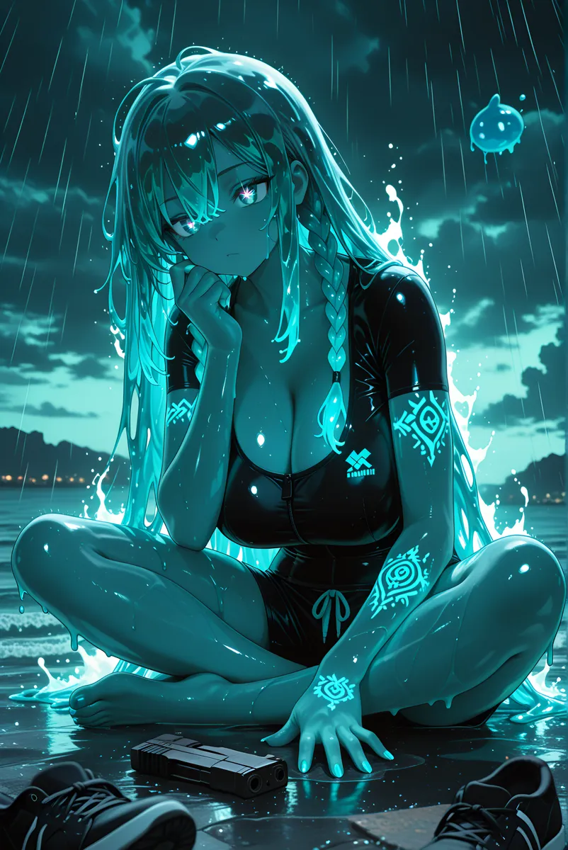 Anime character with braided hair and glowing tattoos sitting cross-legged on wet ground during rain with dark clouds in the background and a pistol placed nearby