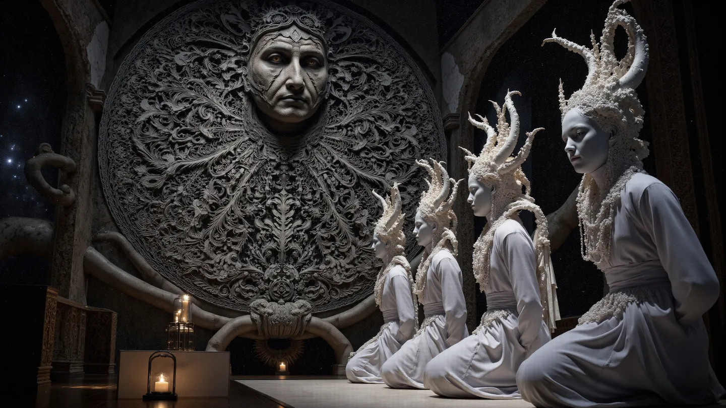 Side view of a mechanistic opera clan with intricate white fractal headdresses kneeling in a dark, surreal ballroom with an elaborate circular sculpture of a mature face on the wall.