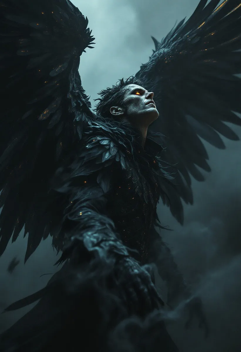 Dark fantasy winged man with large obsidian raven wings, shimmering iridescent feathers under chiaroscuro lighting, emerging from shadowed mist with glowing amber eyes.