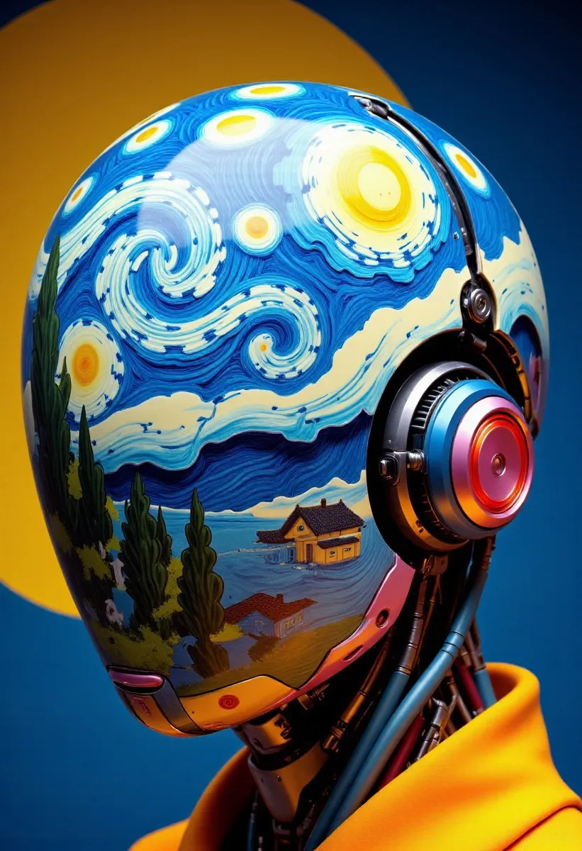 Close-up of a faceless Yakuza android head painted with swirling Van Gogh style oil brushstrokes depicting a celestial storm, traditional tattoo motifs, and cosmic colors.