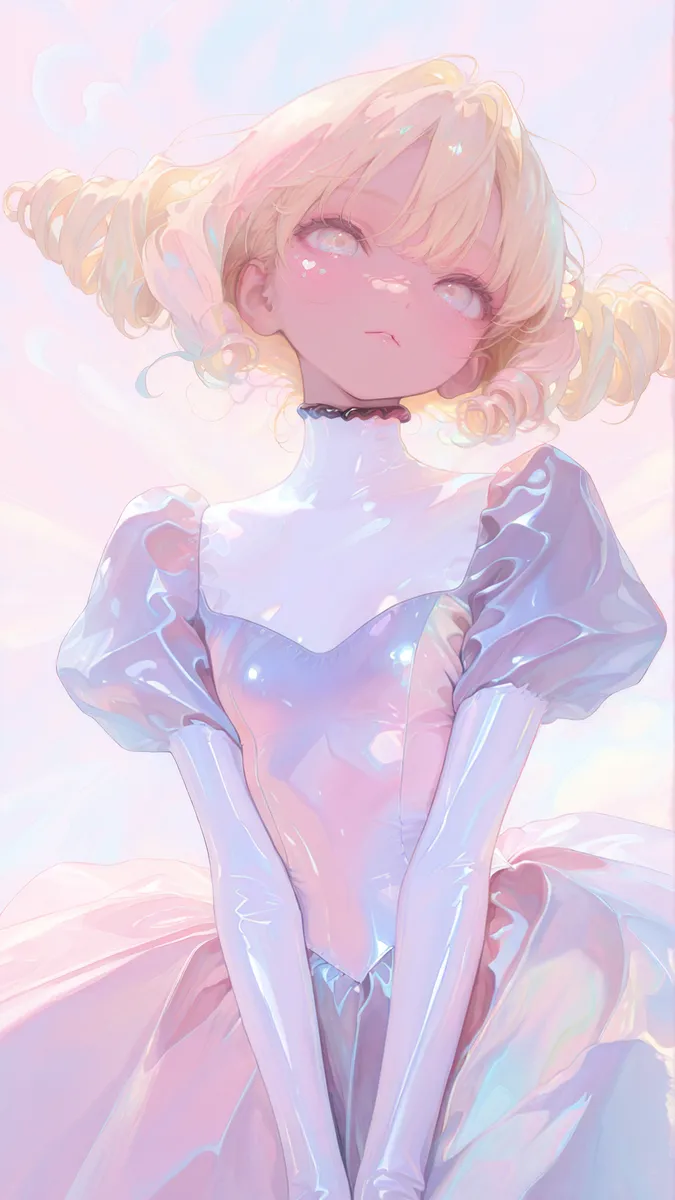Blonde girl with drill-style hair wearing a shiny blue latex dress with puff sleeves, set against a soft pastel surreal background in HassaKu style.