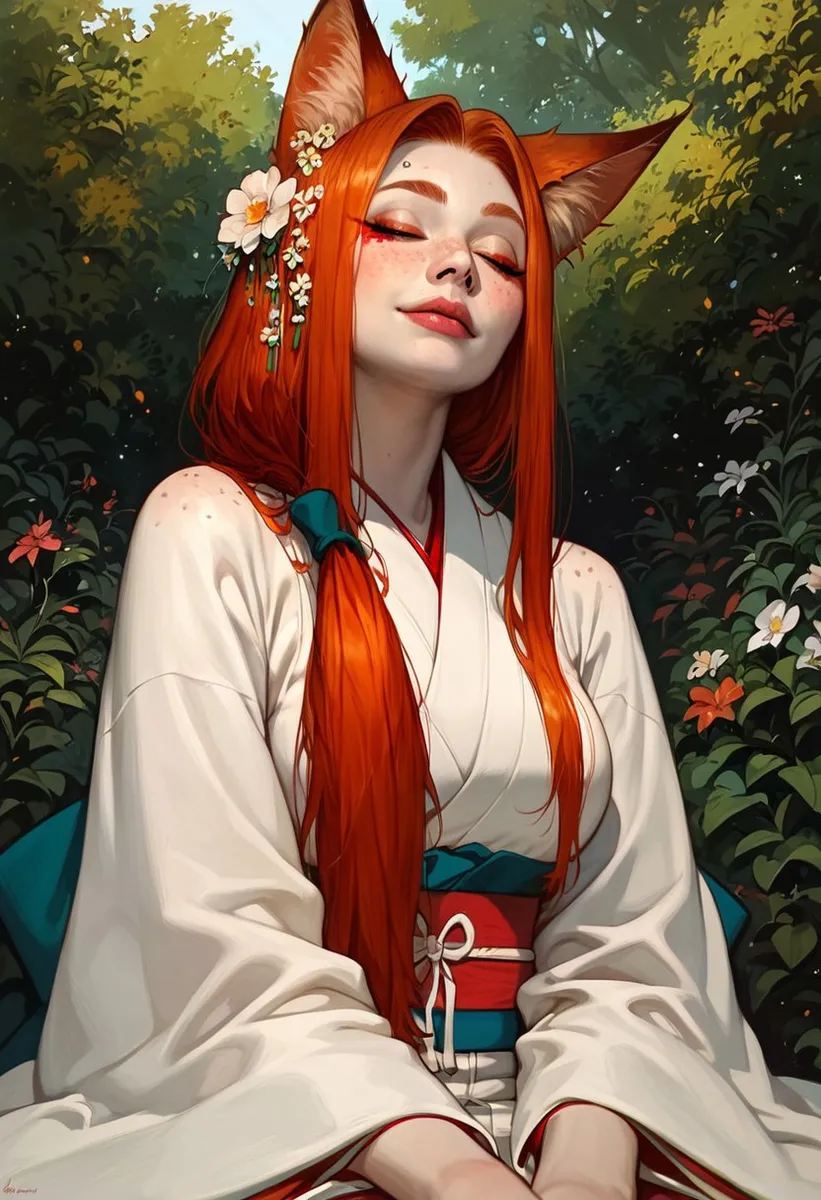 A mature kitsune girl with fox ears and long red hair tied in a low ponytail, wearing a white Japanese kimono with a red and teal obi, kneeling in a Sakura garden at night, surrounded by flowers and foliage.