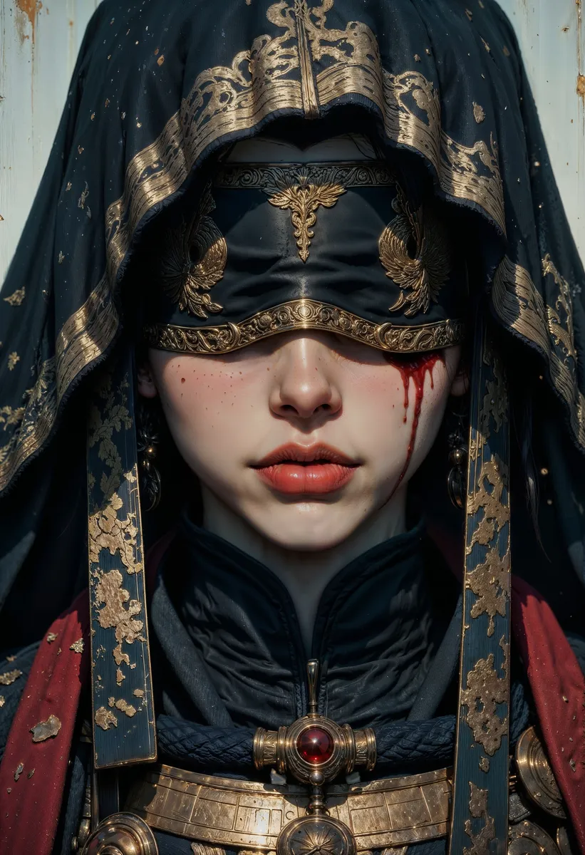 Close-up portrait of a woman wearing an ornate blindfold and dark hooded cloak with gold embellishments, featuring a striking red tear mark under one eye and a red gem at the collar.