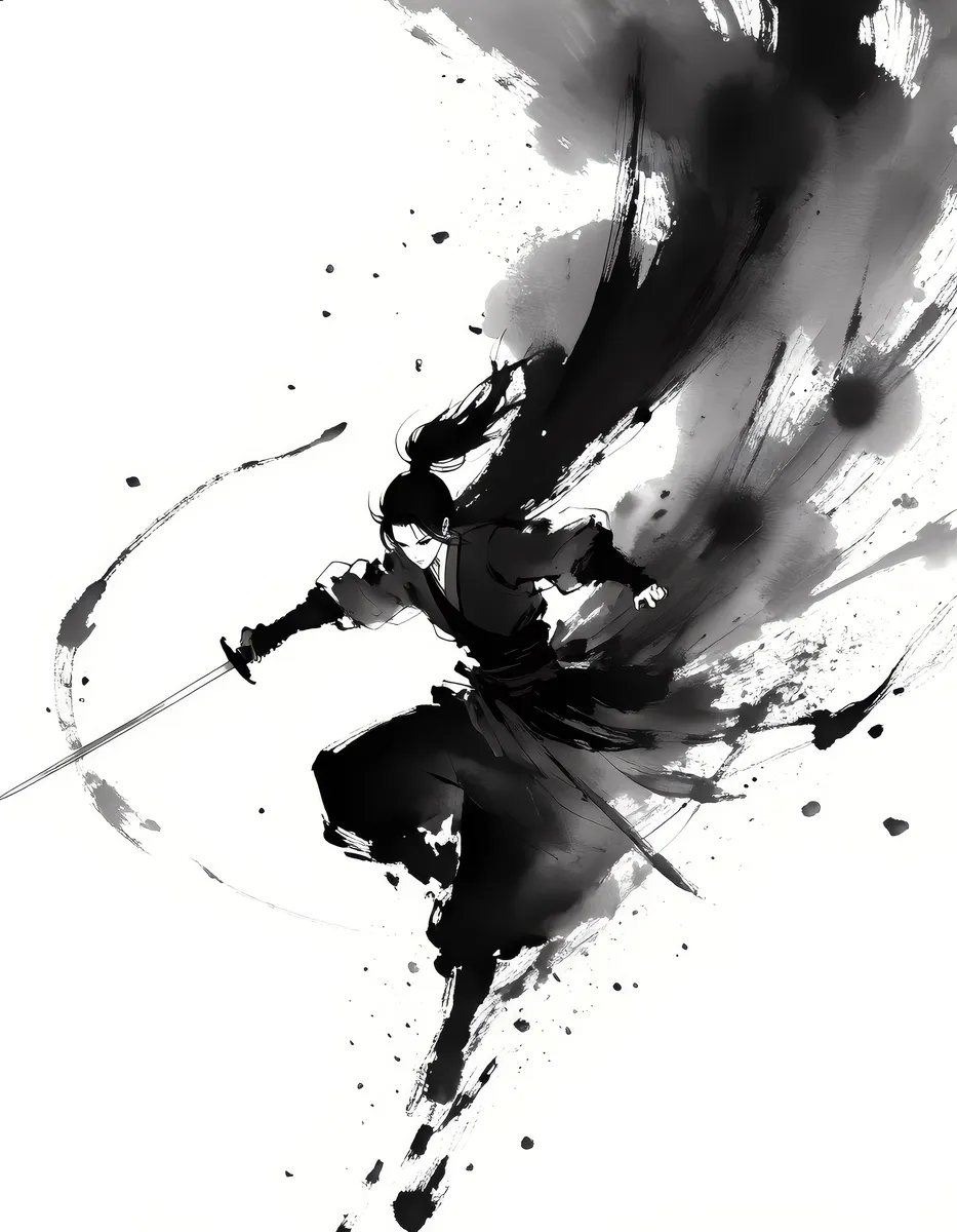 A minimalist ink wash painting of a lone warrior mid-leap, sword extended, with flowing cloak and hair, depicted in bold black brush strokes against white space.