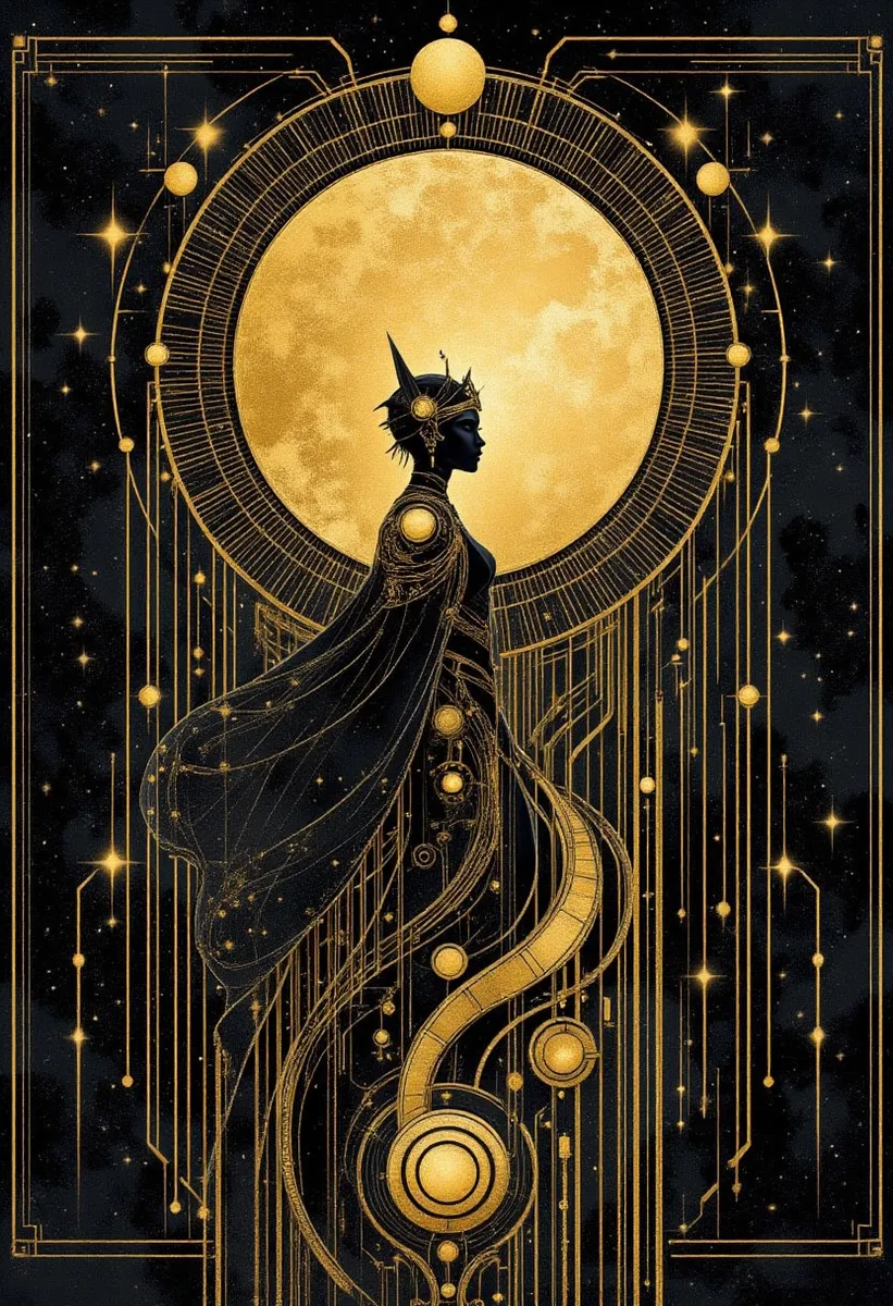 Silhouette of an Egyptian princess standing in profile against a large golden moon, surrounded by intricate Art Deco golden lines and mysterious celestial symbols on a black background.