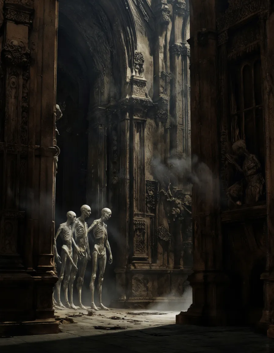 A dark and eerie scene showing skeletal figures standing inside a ruined gothic cathedral with tall, ornate stone columns and misty fog.