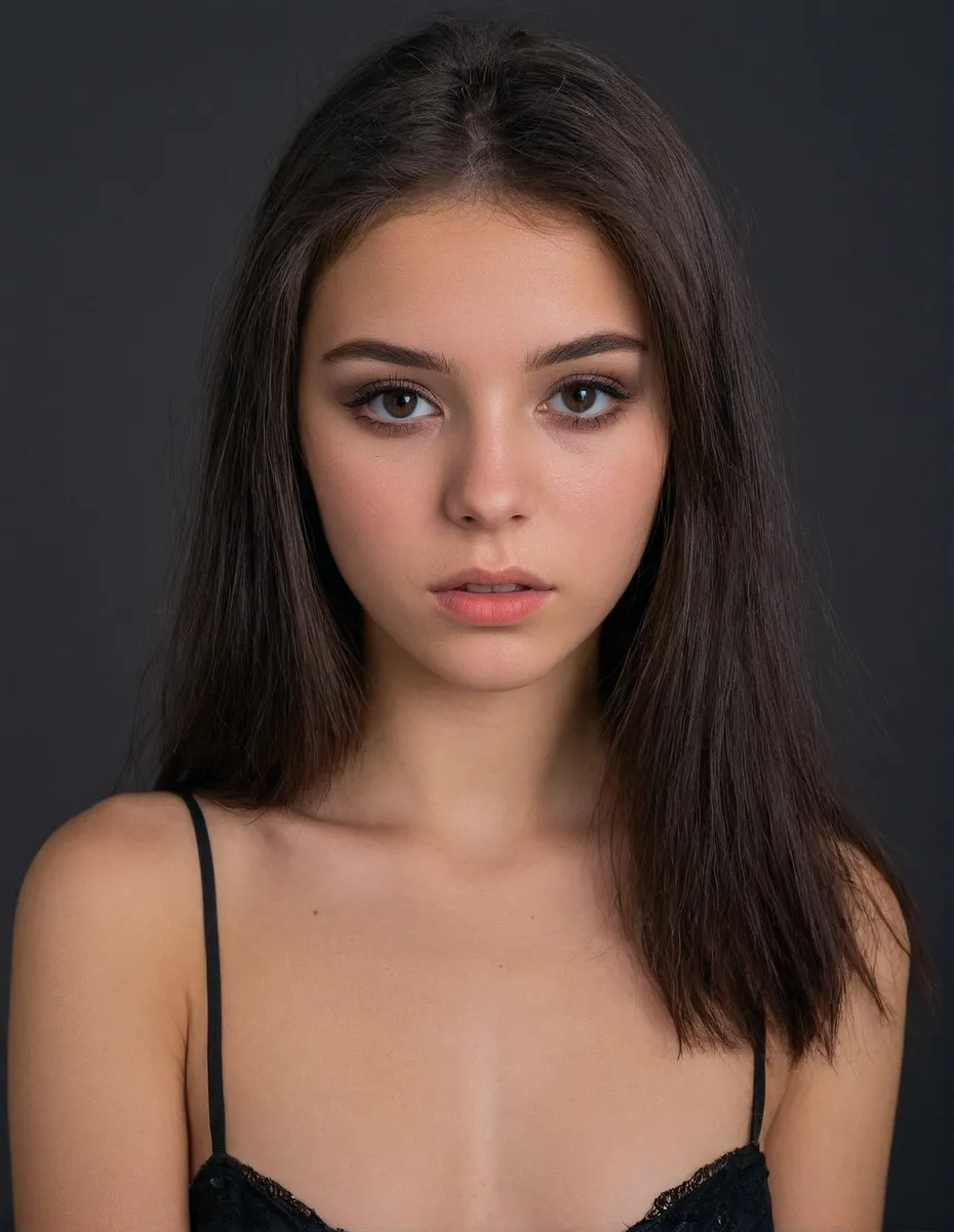 Close-up portrait of a slim 18-year-old woman with dark hair, natural makeup, eyeshadow, and visible skin texture, photographed in a studio with a dark background.