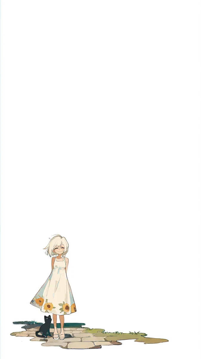 A happy girl wearing a sundress with sunflower print stands on cobblestone ground next to a black cat, set against a simple white background.