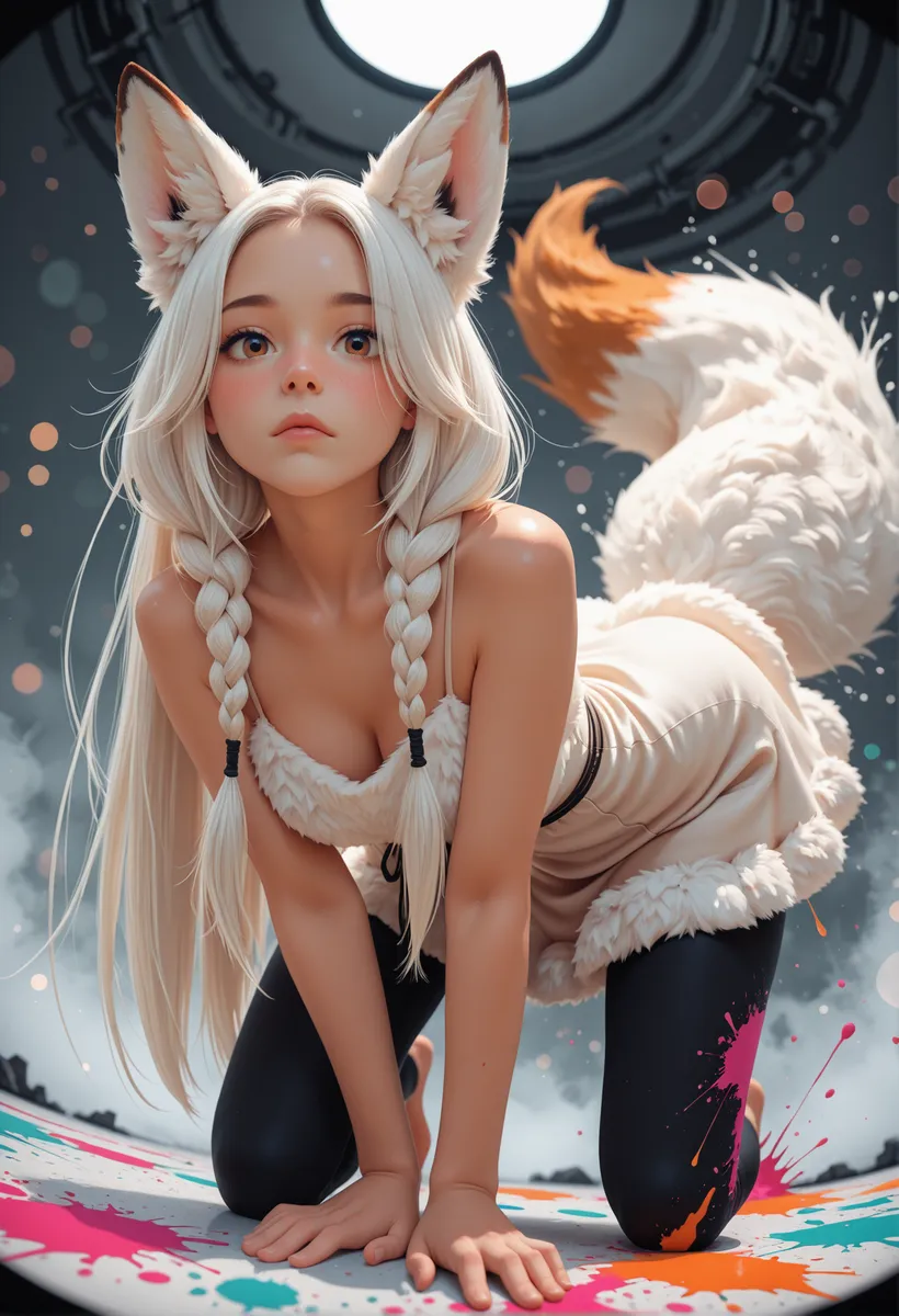 A fox girl with white hair styled in side braids and fluffy fox ears kneeling on the ground, wearing a fluffy dress with fur accents and black leggings, looking directly at the viewer against a soft-focused background with bokeh and fog effects.