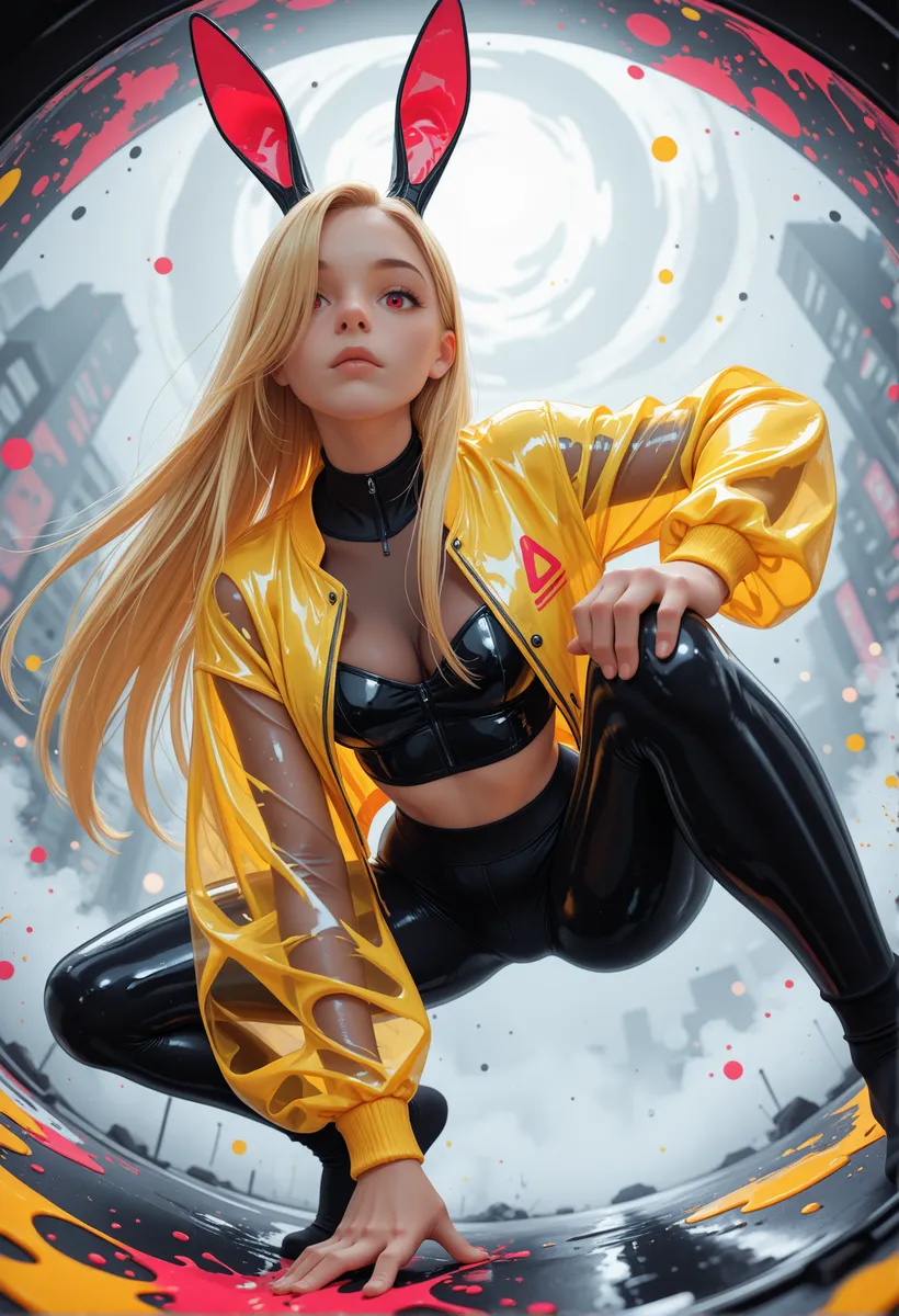 A high-quality image of a blonde woman with bunny ears wearing a see-through yellow latex jacket and black latex leggings crouching in a dynamic fisheye angle pose with a foggy urban background.
