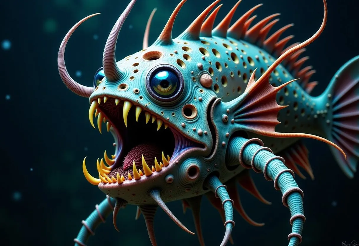 Close-up of a colorful anglerfish with large eyes, sharp yellow teeth, and ornate bioluminescent lure, swimming in the dark ocean depths.