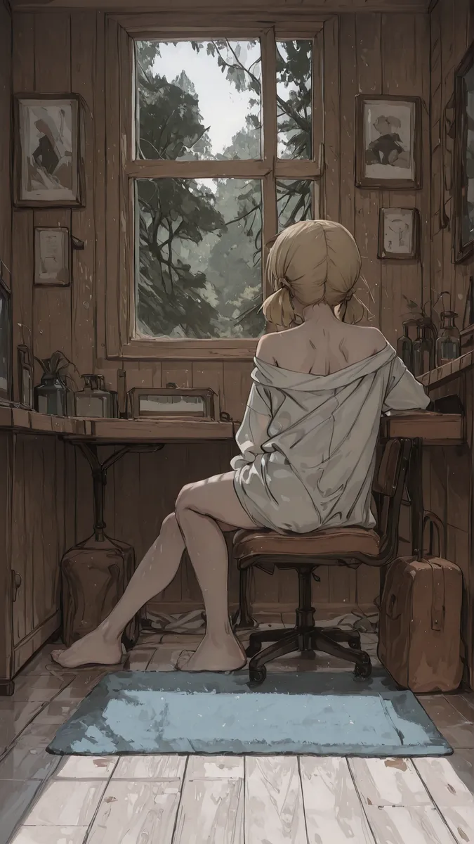 A blonde woman with French braided twintails sits barefoot on a wooden chair in a wood-paneled room, wearing an oversized off-shoulder shirt, facing a large window revealing a nature view.