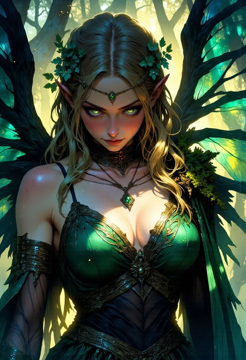 Close-up of a sensual forest elf with emerald green dress, golden glowing skin, glowing green eyes, floral braided hair, and translucent blue-green wings in a sunlit forest.