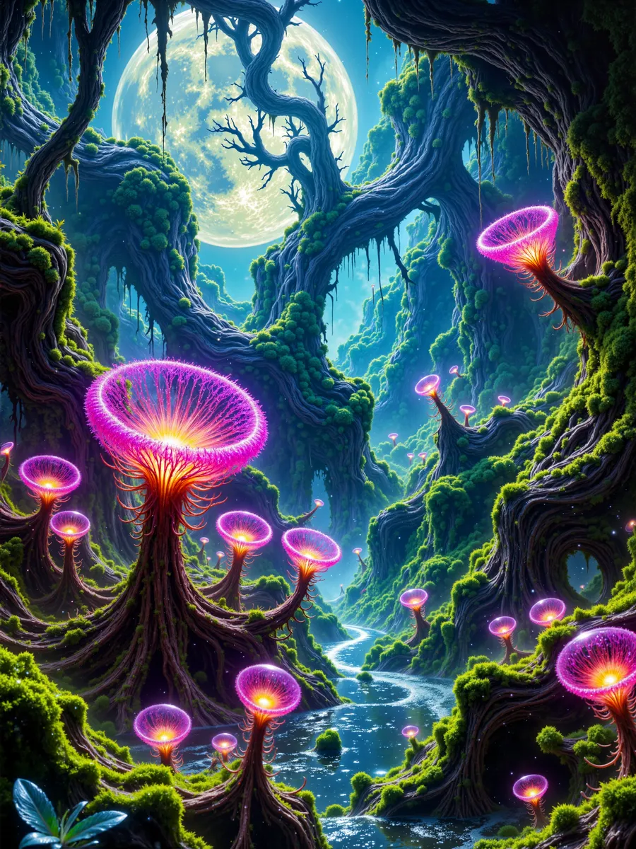 A vivid alien swamp ecosystem under a large glowing moon, featuring radiant bioluminescent carnivorous plants with spiraled traps and glowing filaments amidst twisted moss-covered trees and a winding reflective waterway.