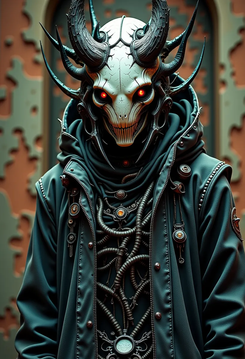Dark futuristic android with a skull-like mask and prominent demon horns, glowing red eyes, wearing a black hooded jacket with mechanical tentacles.