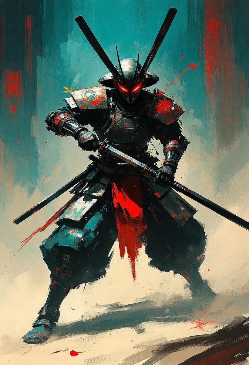 A sci-fi futuristic Bunraku warrior clad in detailed samurai armor with red glowing eyes holding a katana in a battle stance, painted in vivid digital art style.