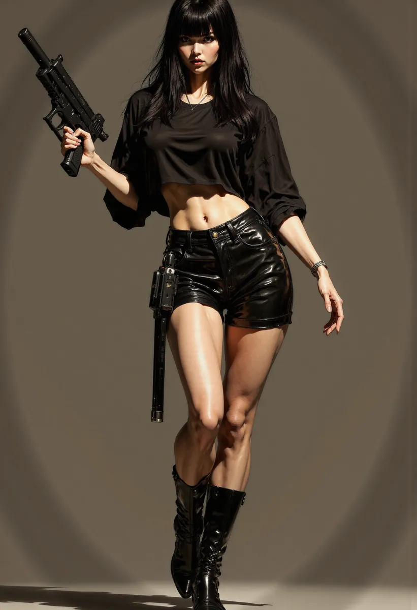 Hyper realistic image of a woman in black shorts and boots holding a gun in a shooting pose, detailed and professional artwork in Artics style.