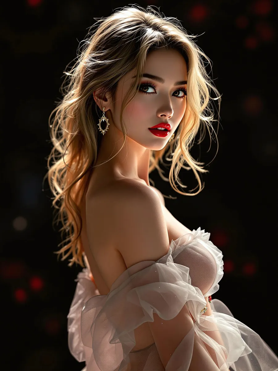 Photorealistic portrait of a blonde young woman with red lips wearing a sheer gauzy off-shoulder dress against a dark backdrop with bokeh, featuring directional lighting highlighting her facial features.