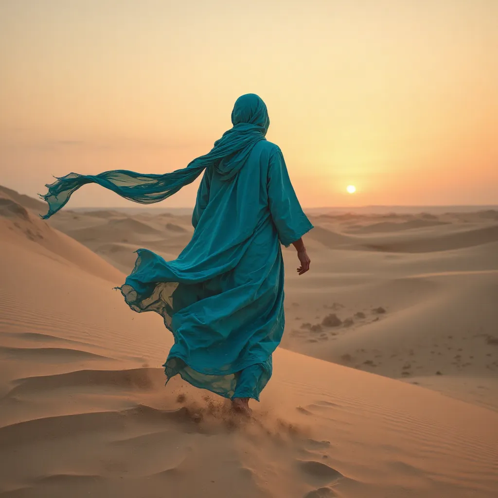 A solitary desert nomad wearing flowing cerulean robes and a long silk scarf walks barefoot over wind-swept sand dunes towards a golden-pink sunrise horizon.