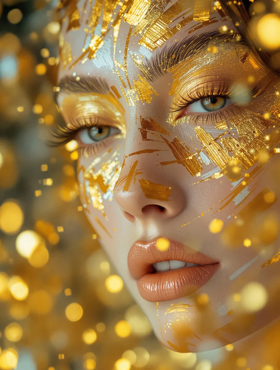 Close-up of a face painted with gold leaf and abstract brushstrokes, featuring golden lashes and high fashion makeup blending into a blurry, dreamlike background.