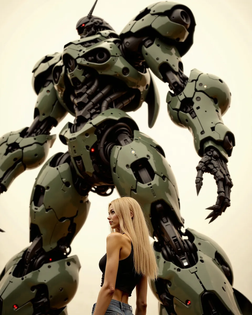 Hyper realistic detailed image of a giant green mech robot towering behind a young blonde woman with long hair, set on a cloudy day in a dystopian sci-fi setting.